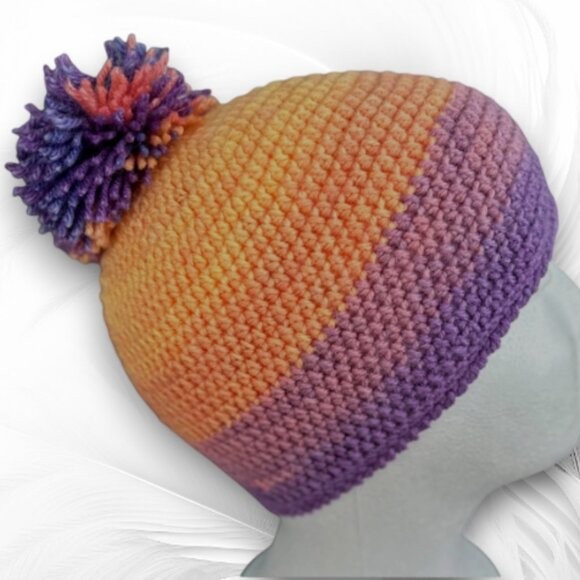 Handmade Crochet Beanie with Pom Pom and Floral Appliques — Purple Orange Ombre - Picture 6 of 7